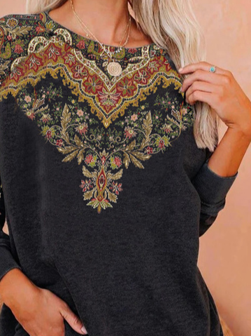 Crew Neck Loose Vintage Ethnic Sweatshirt