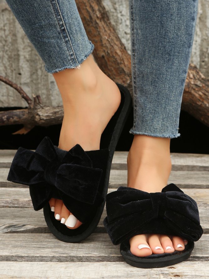 Casual Bow Decor Plain Velvet Living Room Slippers