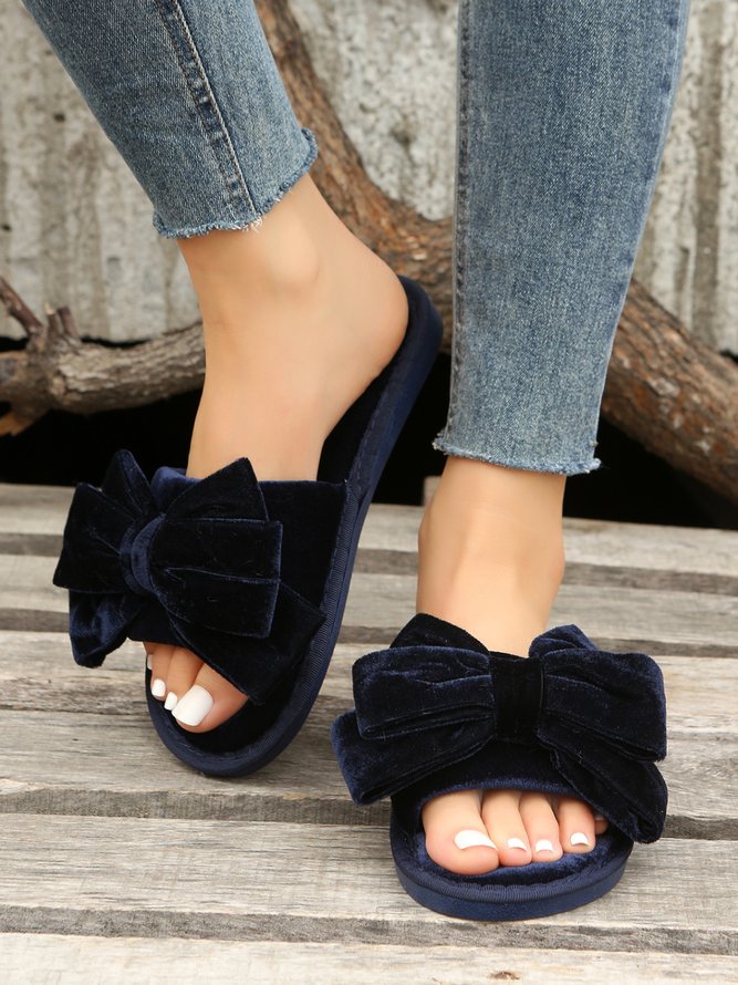 Casual Bow Decor Plain Velvet Living Room Slippers