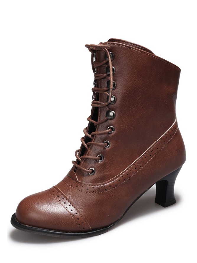 Plus Size Lace-Up Decor Side Zip Spool Heel Boots