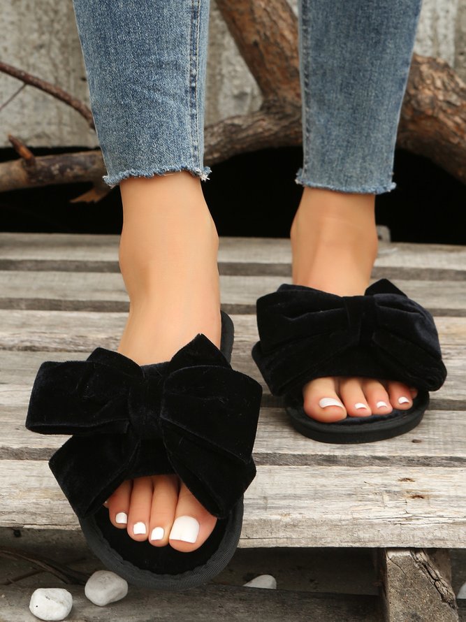 Casual Bow Decor Plain Velvet Living Room Slippers