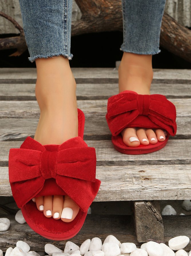 Casual Bow Decor Plain Velvet Living Room Slippers