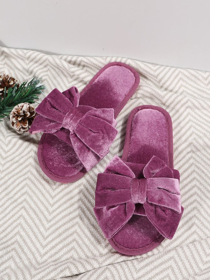 Casual Bow Decor Plain Velvet Living Room Slippers