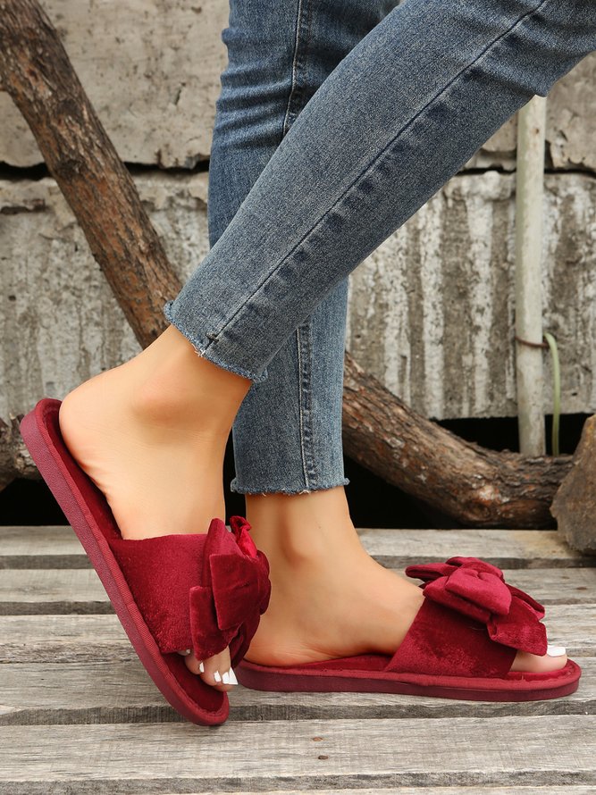 Casual Bow Decor Plain Velvet Living Room Slippers