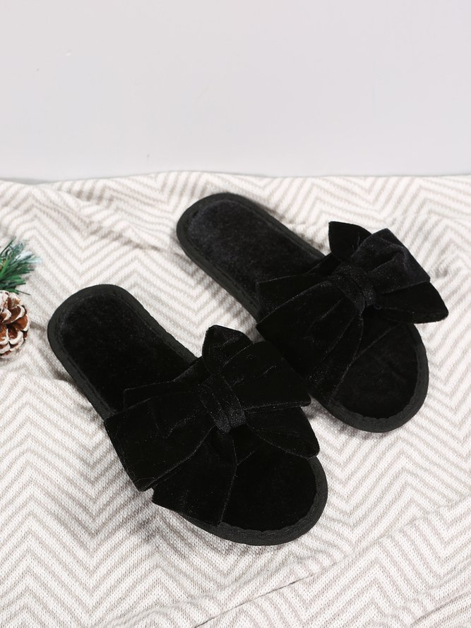 Casual Bow Decor Plain Velvet Living Room Slippers