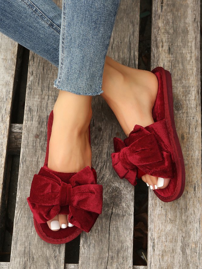 Casual Bow Decor Plain Velvet Living Room Slippers