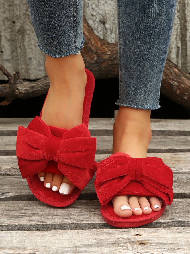 Casual Bow Decor Plain Velvet Living Room Slippers