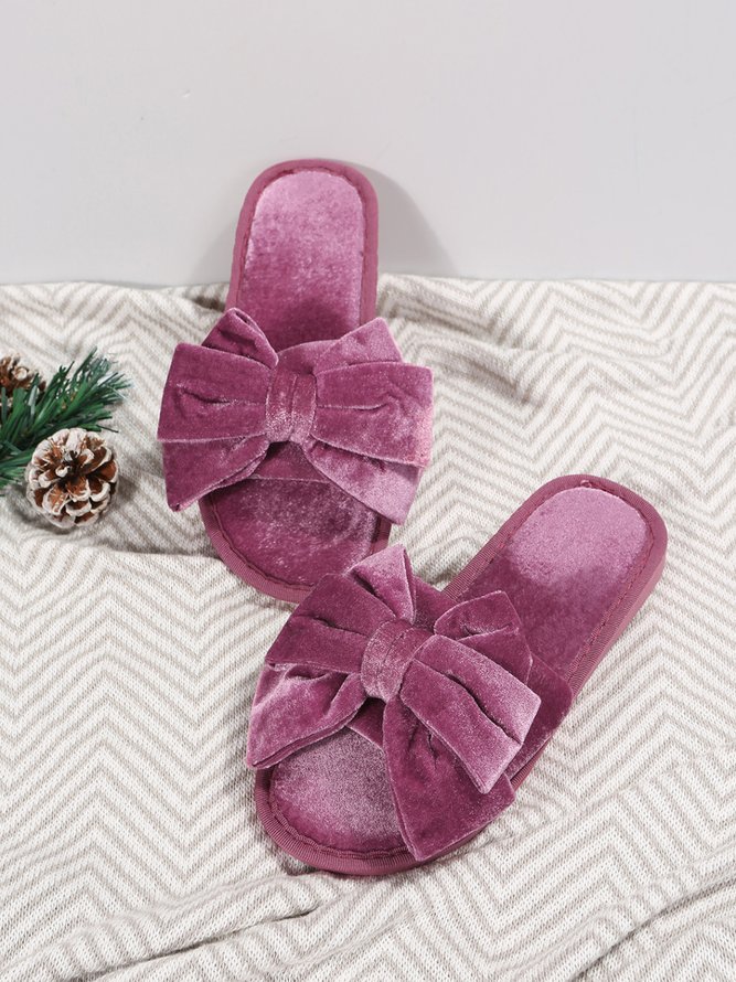 Casual Bow Decor Plain Velvet Living Room Slippers