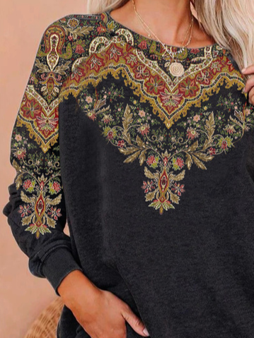 Crew Neck Loose Vintage Ethnic Sweatshirt