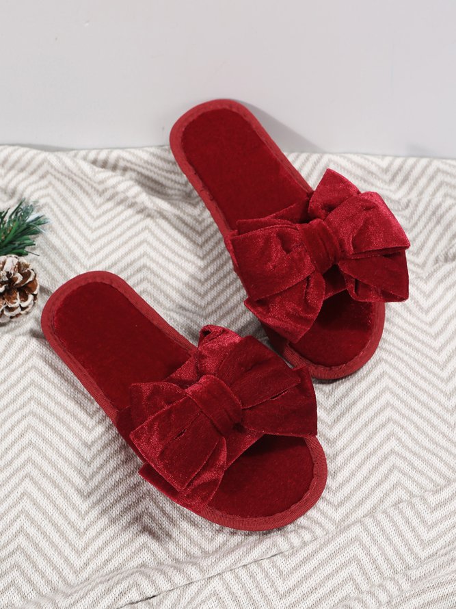 Casual Bow Decor Plain Velvet Living Room Slippers