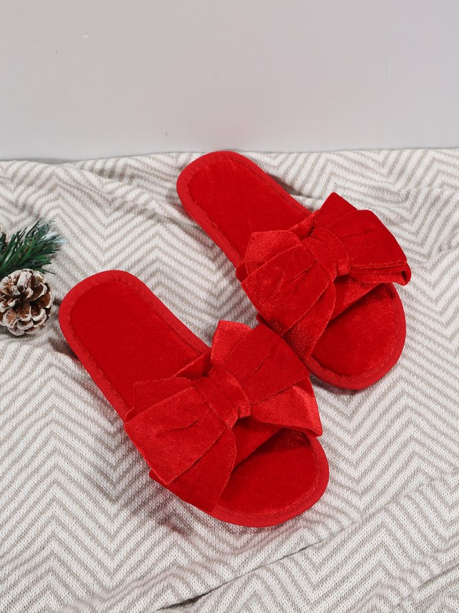 Casual Bow Decor Plain Velvet Living Room Slippers