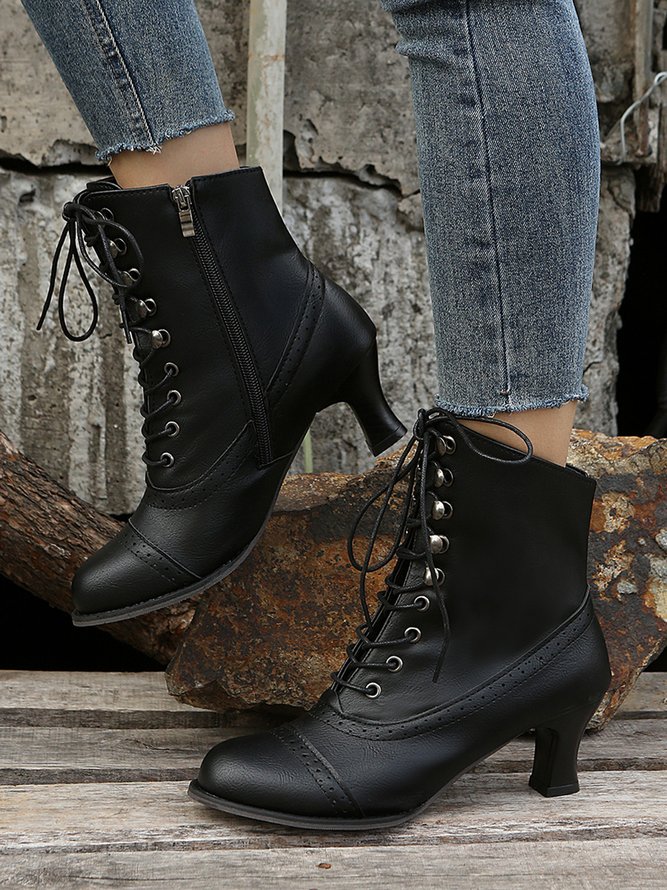 Plus Size Lace-Up Decor Side Zip Spool Heel Boots