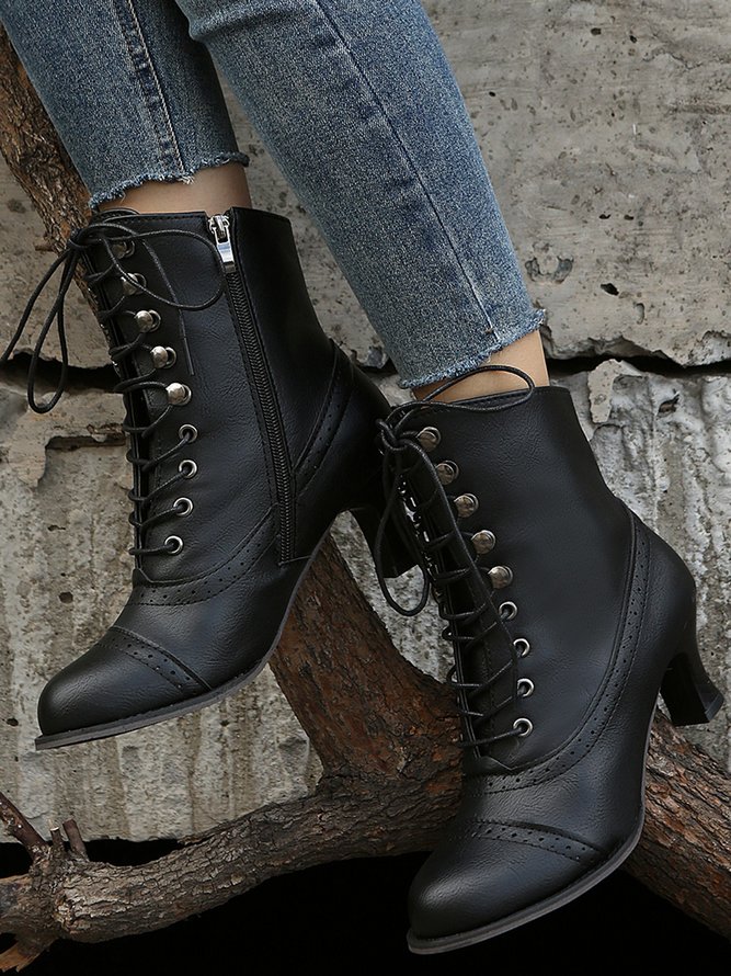 Plus Size Lace-Up Decor Side Zip Spool Heel Boots
