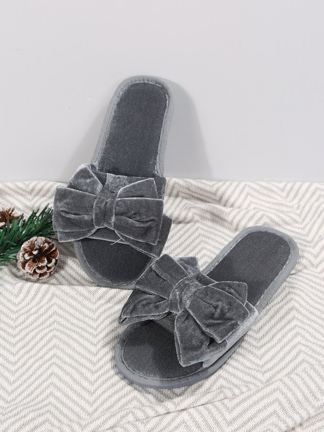 Casual Bow Decor Plain Velvet Living Room Slippers