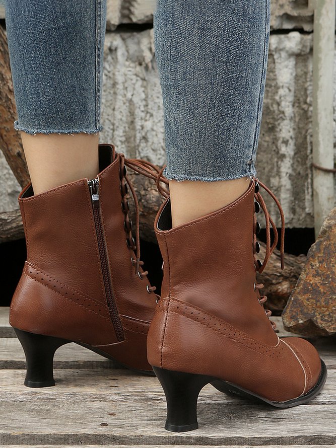 Plus Size Lace-Up Decor Side Zip Spool Heel Boots