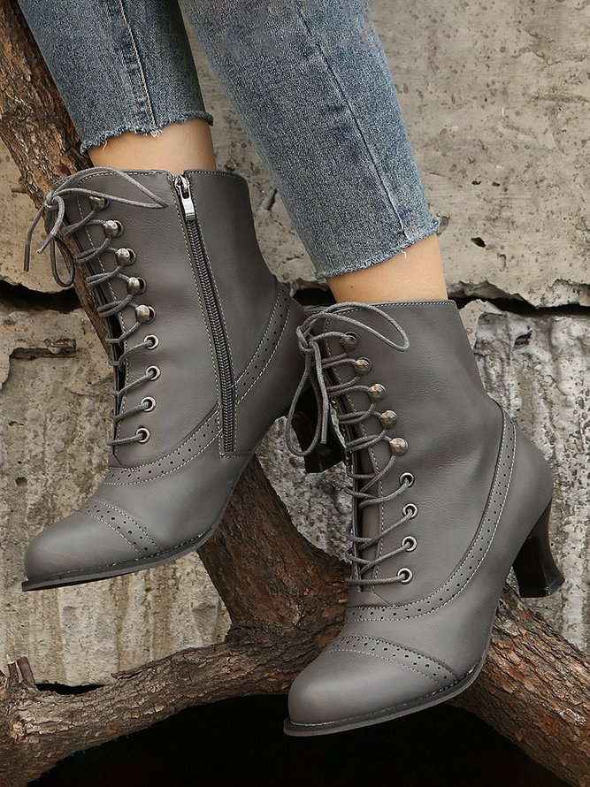 Plus Size Lace-Up Decor Side Zip Spool Heel Boots