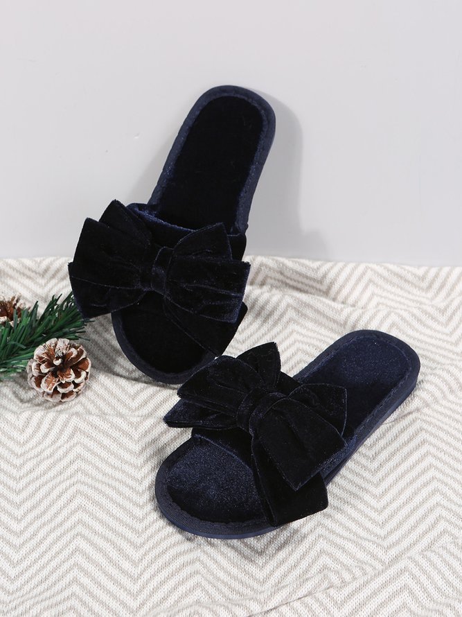 Casual Bow Decor Plain Velvet Living Room Slippers