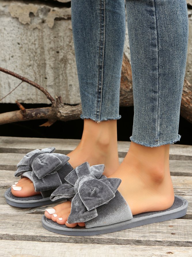 Casual Bow Decor Plain Velvet Living Room Slippers