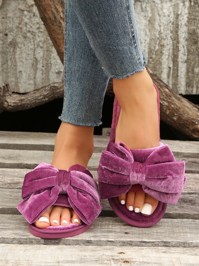 Casual Bow Decor Plain Velvet Living Room Slippers