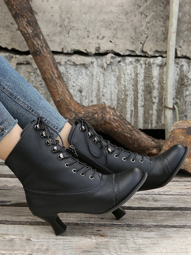 Plus Size Lace-Up Decor Side Zip Spool Heel Boots