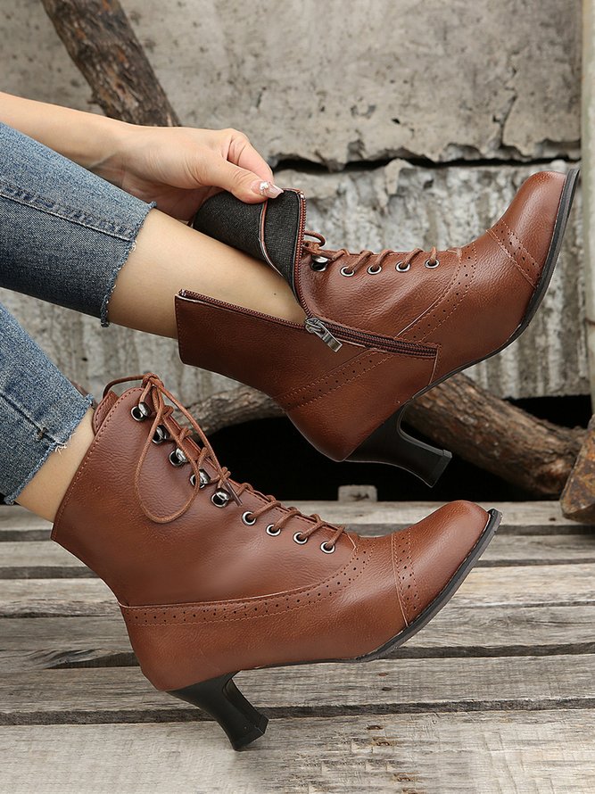 Plus Size Lace-Up Decor Side Zip Spool Heel Boots