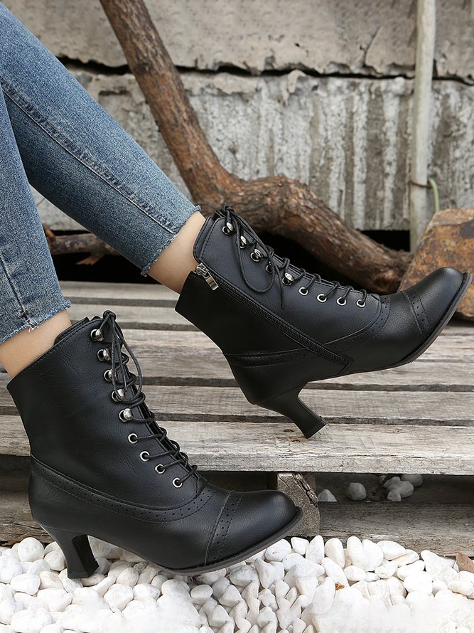 Plus Size Lace-Up Decor Side Zip Spool Heel Boots