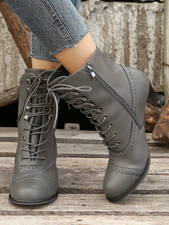 Plus Size Lace-Up Decor Side Zip Spool Heel Boots