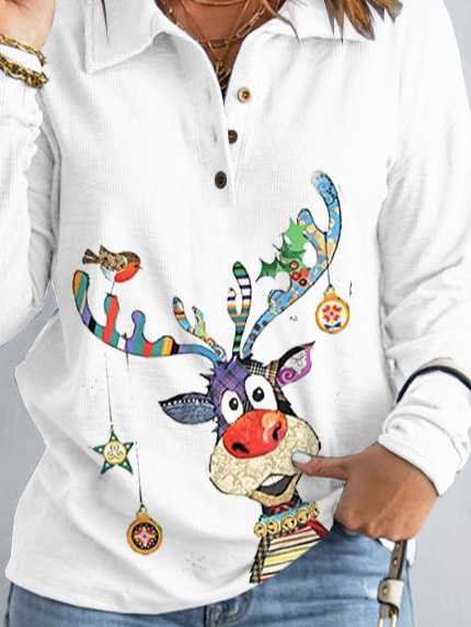 Women's Christmas Sweatshirt Cute Reindeer Print Henley Shirt Collar Long Sleeve
