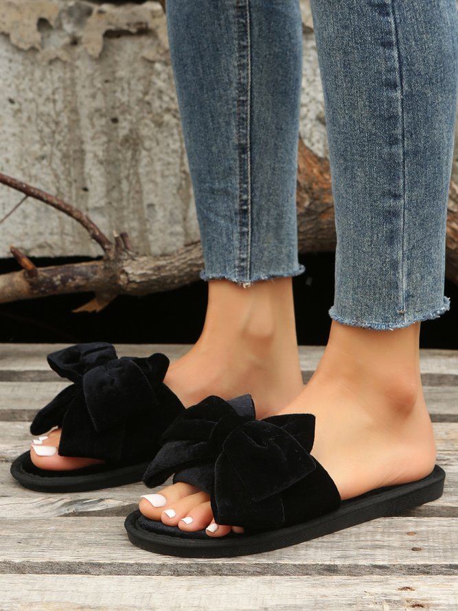 Casual Bow Decor Plain Velvet Living Room Slippers