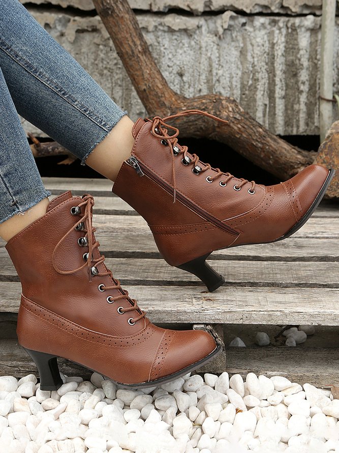 Plus Size Lace-Up Decor Side Zip Spool Heel Boots