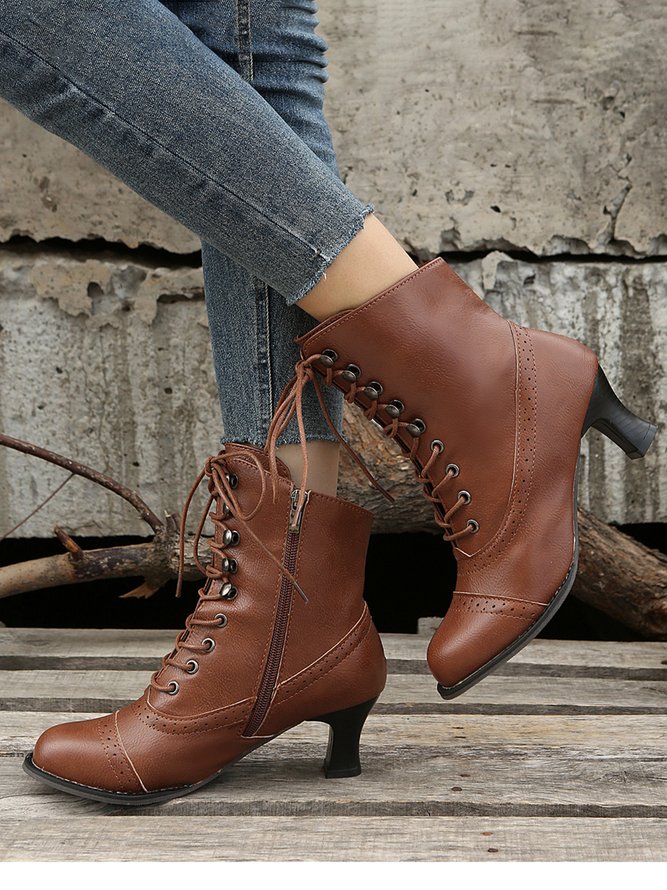 Plus Size Lace-Up Decor Side Zip Spool Heel Boots