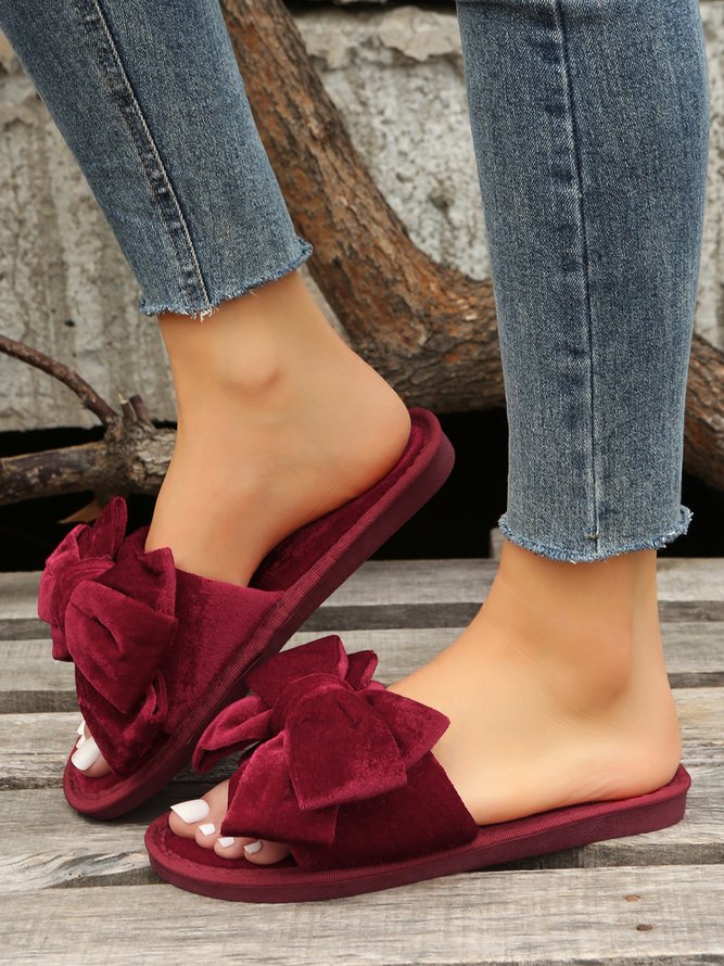 Casual Bow Decor Plain Velvet Living Room Slippers
