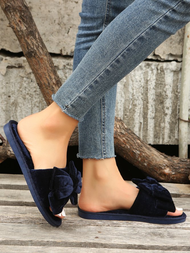 Casual Bow Decor Plain Velvet Living Room Slippers