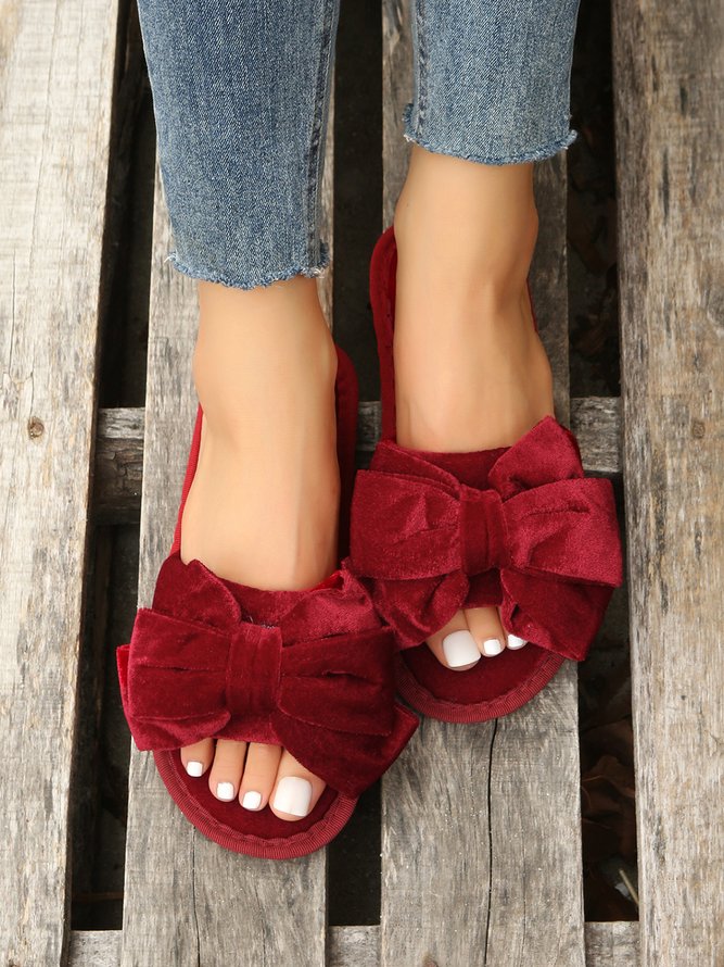 Casual Bow Decor Plain Velvet Living Room Slippers