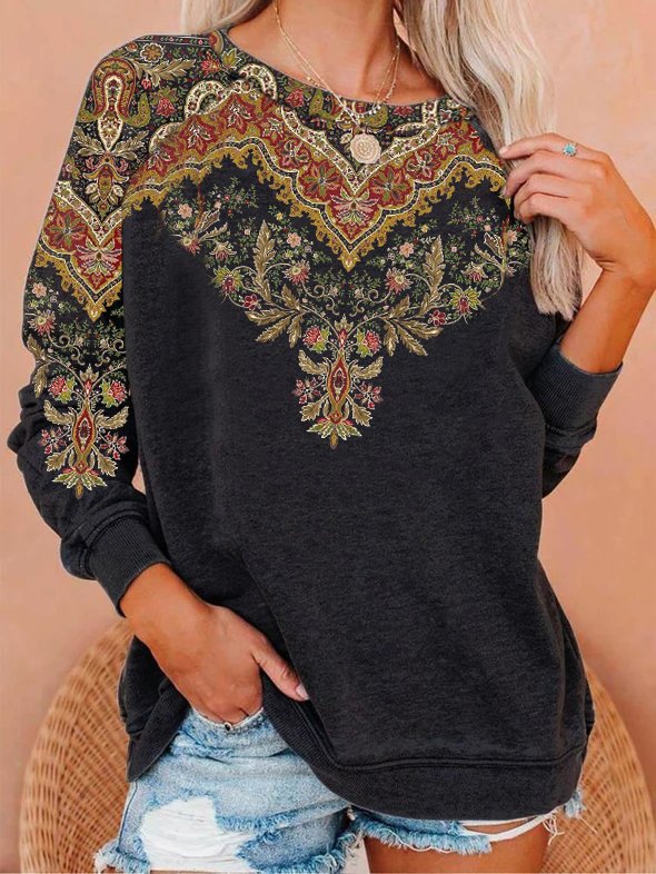 Crew Neck Loose Vintage Ethnic Sweatshirt