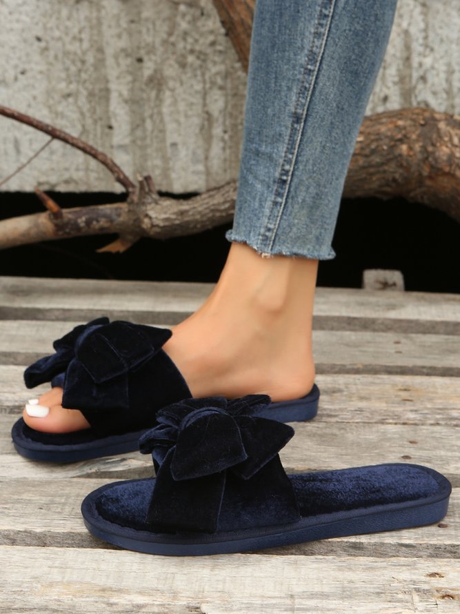 Casual Bow Decor Plain Velvet Living Room Slippers