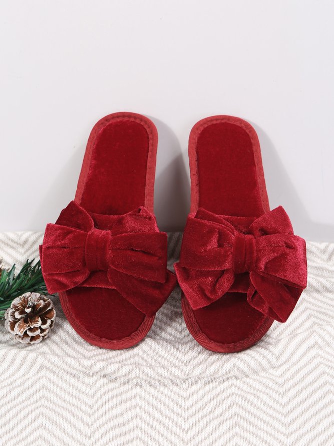 Casual Bow Decor Plain Velvet Living Room Slippers