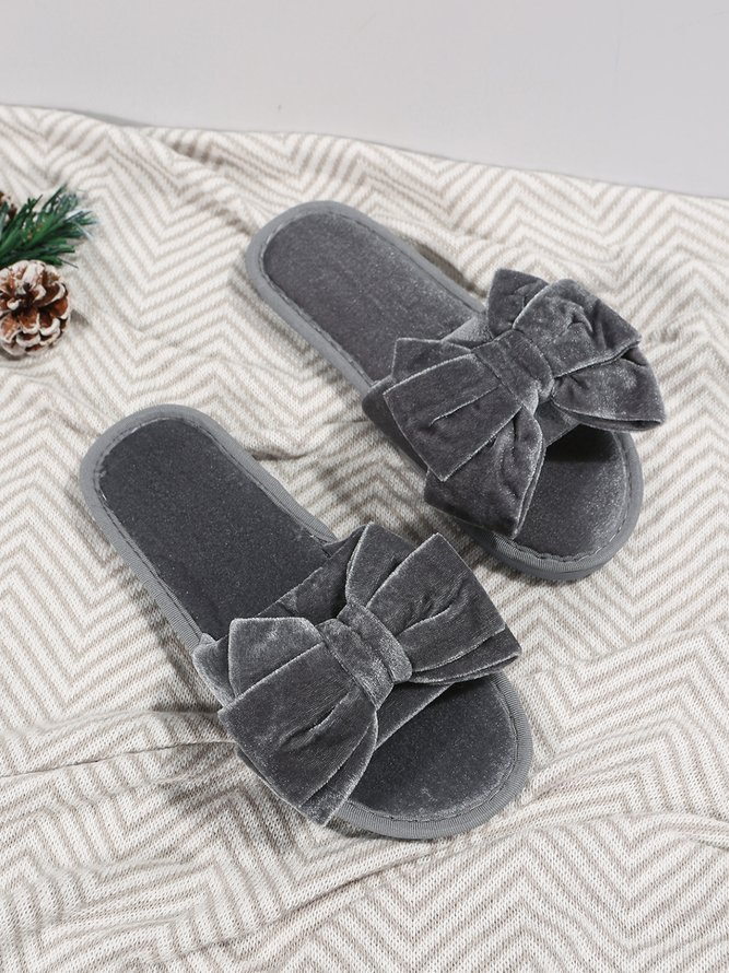 Casual Bow Decor Plain Velvet Living Room Slippers