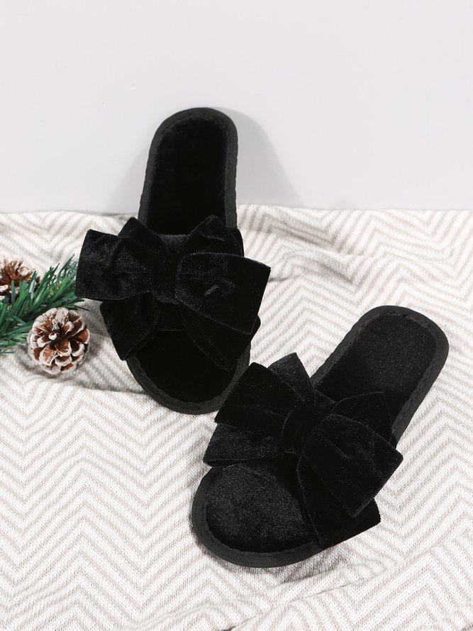 Casual Bow Decor Plain Velvet Living Room Slippers