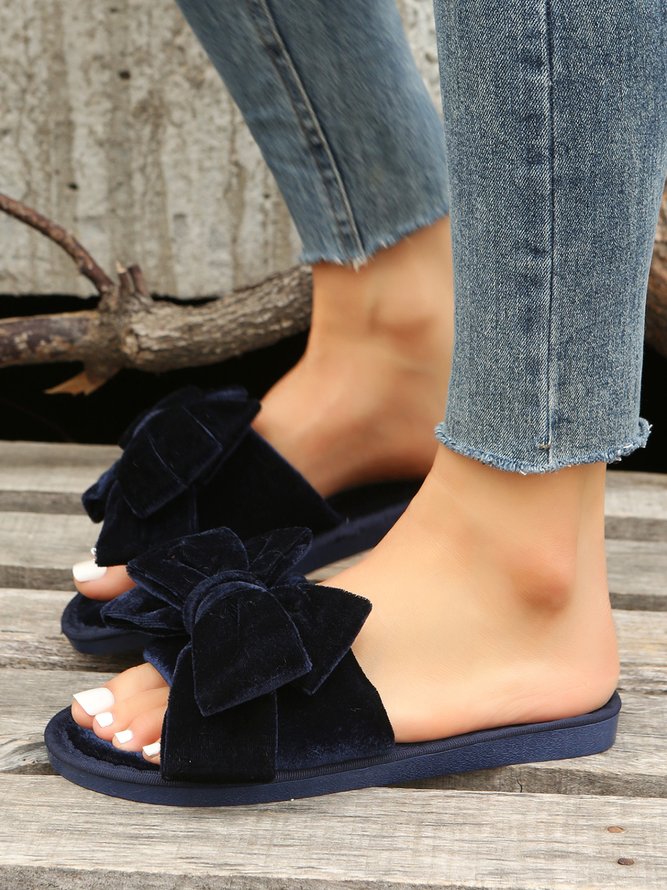 Casual Bow Decor Plain Velvet Living Room Slippers