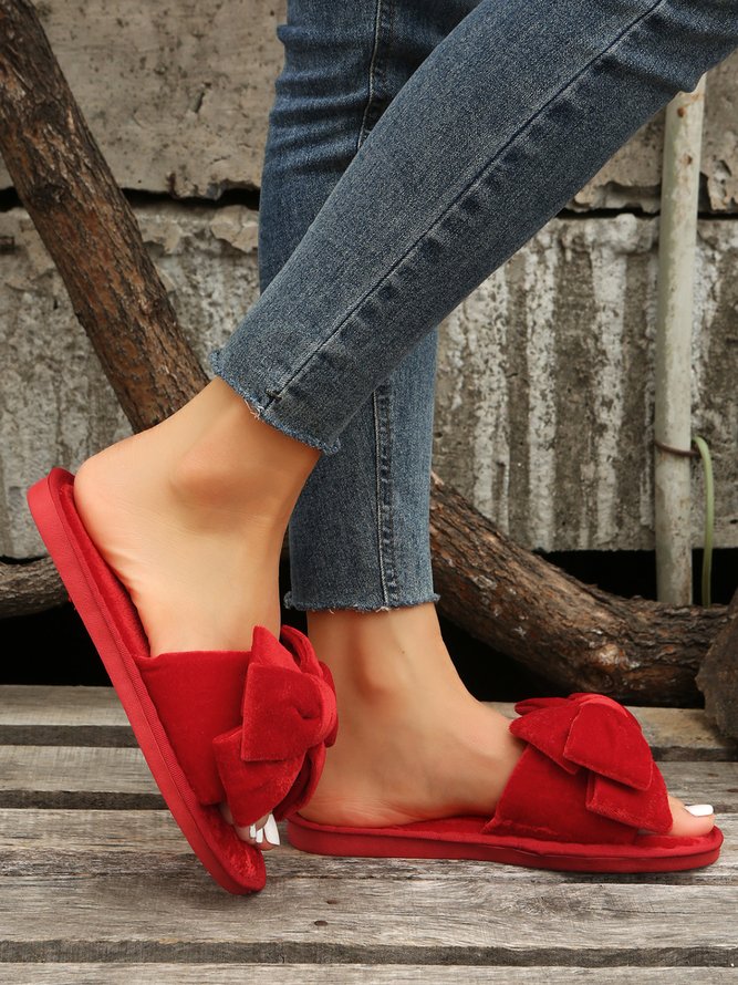 Casual Bow Decor Plain Velvet Living Room Slippers