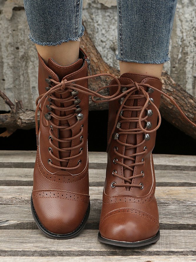 Plus Size Lace-Up Decor Side Zip Spool Heel Boots