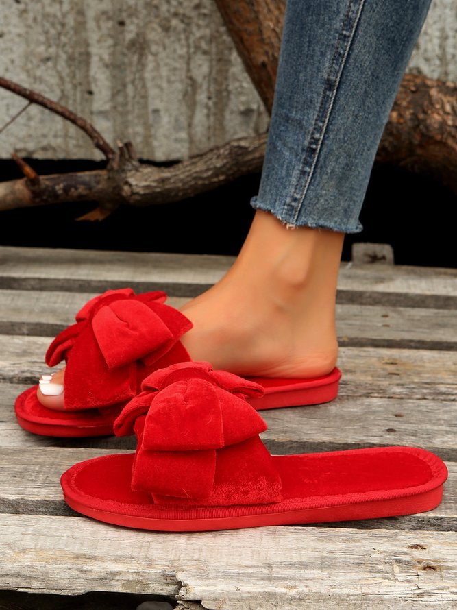Casual Bow Decor Plain Velvet Living Room Slippers