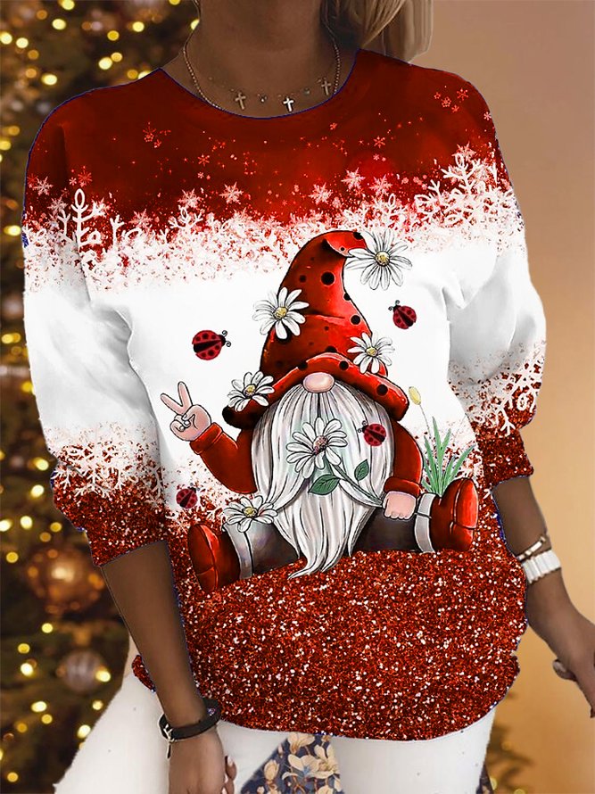 Women Christmas Funny Santa Claus Crew Neck Plain Blue Sweatshirt