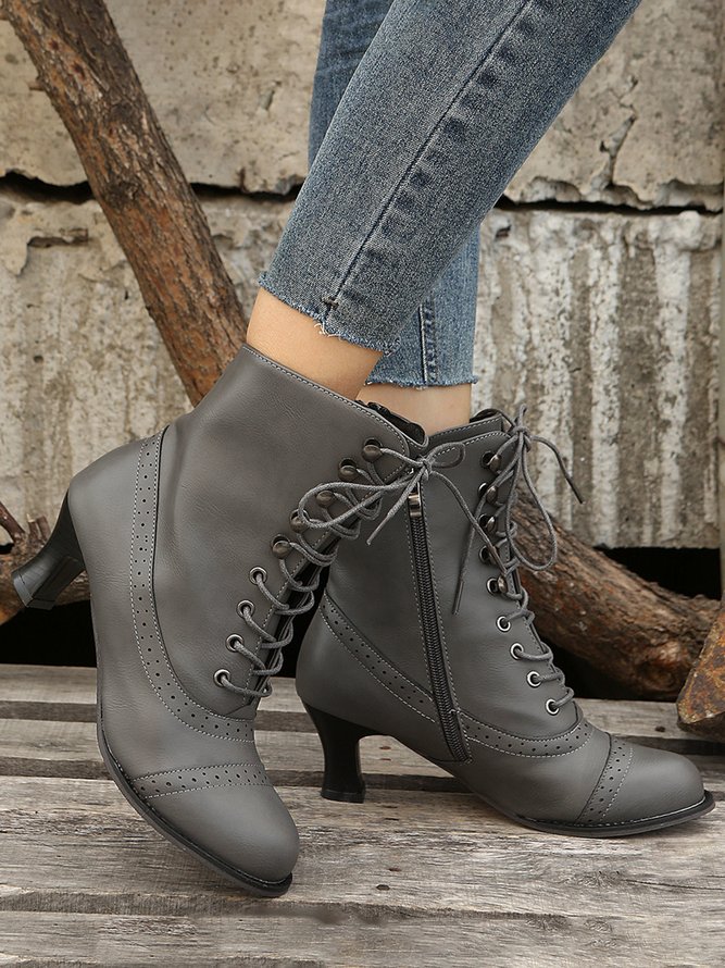Plus Size Lace-Up Decor Side Zip Spool Heel Boots