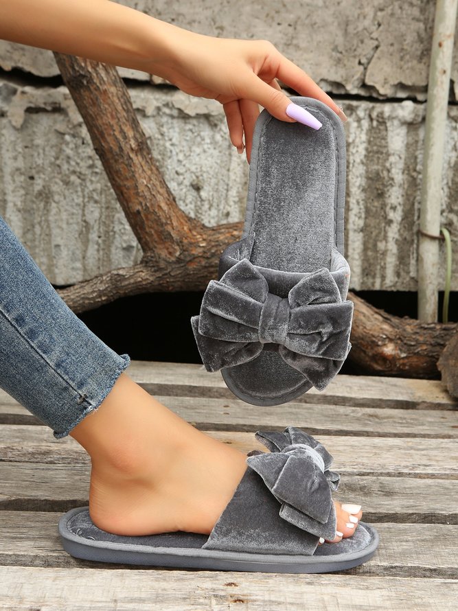 Casual Bow Decor Plain Velvet Living Room Slippers