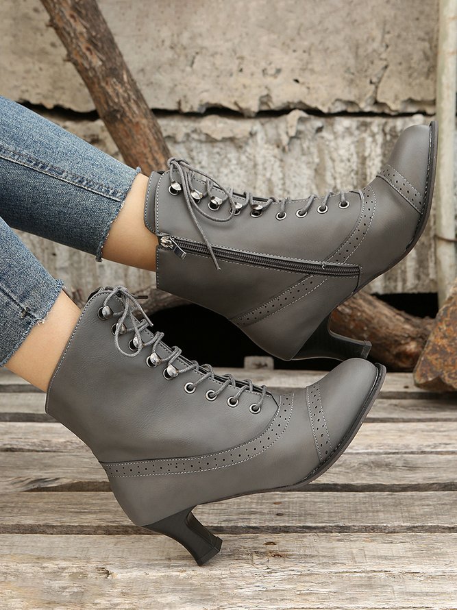 Plus Size Lace-Up Decor Side Zip Spool Heel Boots