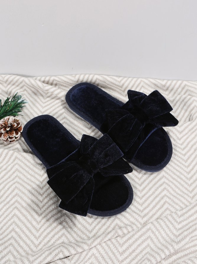 Casual Bow Decor Plain Velvet Living Room Slippers