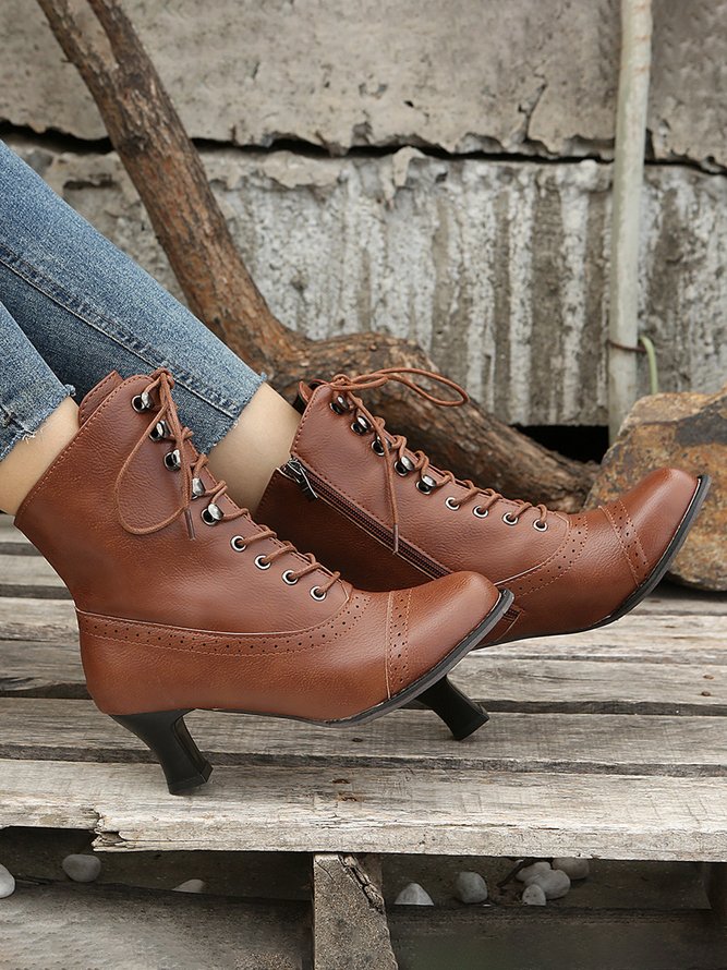 Plus Size Lace-Up Decor Side Zip Spool Heel Boots
