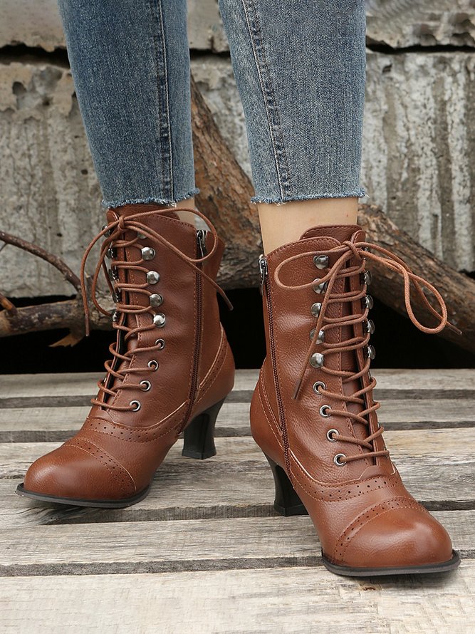 Plus Size Lace-Up Decor Side Zip Spool Heel Boots